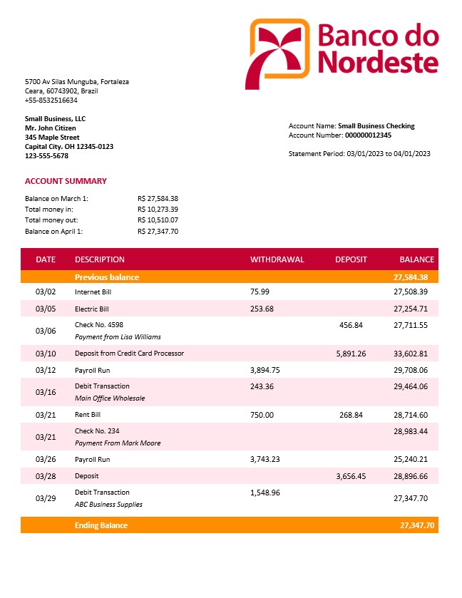 Modèle Word et PDF de relevé de compte ferme de Banco do Nordeste